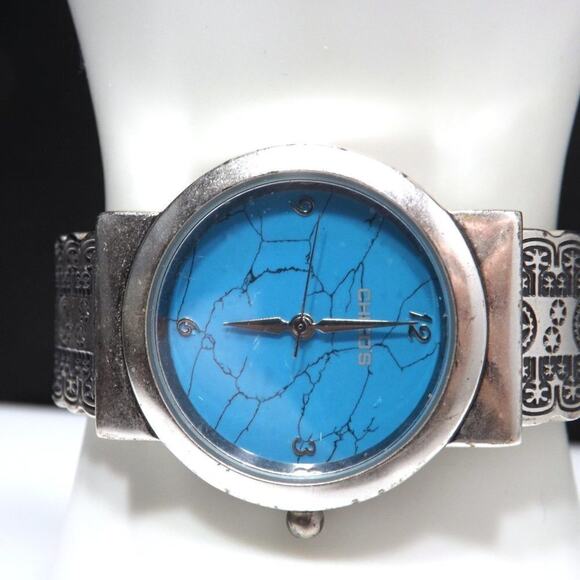 Chico's Cuff Watch, Turquoise Face, Silver Tone Engraved Band, Japanese Movement - Picture 3 of 12